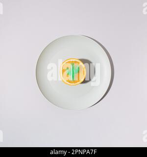 Half of fresh orange with plastic cactus on plate. Minimal summer fruit concept. Stock Photo