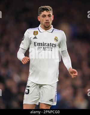 London, UK. 18th Apr, 2023. 18 Apr 2023 - Chelsea v Real Madrid - UEFA Champions League - Stamford Bridge.                                             Real Madrid's Federico Valverde during the Champions League match at Stamford Bridge, London.                                                  Picture Credit: Mark Pain/Alamy Live News Stock Photo