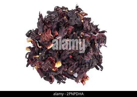 Hibiscus petals top view. Dry petals of hibiscus are quite large close-up. Red tea from flower buds. Heap of dry hibiscus tea on white background Stock Photo