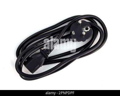 Power cable cord for computer on a white background. Black power cable with plug and socket. black power cable for PC, a cord that has a connector on Stock Photo