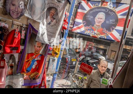 With two weeks before the coronation of King Charles III takes place, royal merchandise is on sale in Kensington, west London, on 19th April 2023, in London, England. King Charles will succeed Queen Elizabeth II on 6th May, who passed away last year. Stock Photo