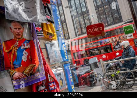 With two weeks before the coronation of King Charles III takes place, royal merchandise is on sale in Kensington, west London, on 19th April 2023, in London, England. King Charles will succeed Queen Elizabeth II on 6th May, who passed away last year. Stock Photo