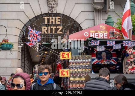 With two weeks before the coronation of King Charles III takes place, tourist souvenirs including the new king's face is on sale next to the Ritz on Piccadilly, on 19th April 2023, in London, England. King Charles will succeed Queen Elizabeth II on 6th May, who passed away last year. Stock Photo