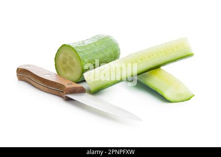 Sliced fresh green cucumber isolated on the white background. Stock Photo