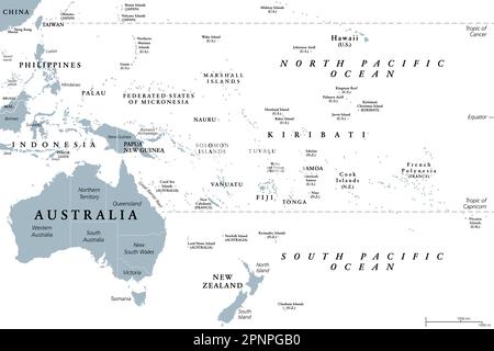 Oceania, gray political map. Australia and the Pacific, including New Zealand. Geographic region, southeast of the Asia-Pacific region. Stock Photo