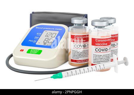 Automatic Digital Blood Pressure Monitor with vaccine. 3D rendering isolated on white background Stock Photo