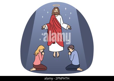 Religion and Christianity education concept. Kind smiling Jesus in red clothing flying over sitting and praying people taking care of them vector illustration Stock Vector
