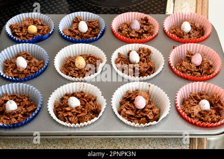 Chocolate Haystacks in a Muffin Tin for Easter Time Stock Photo