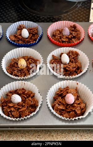 Chocolate Haystacks in a Muffin Tin for Easter Time Stock Photo