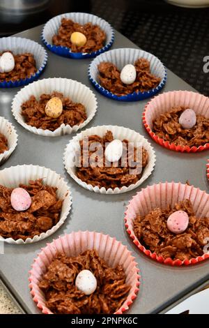 Chocolate Haystacks in a Muffin Tin for Easter Time Stock Photo
