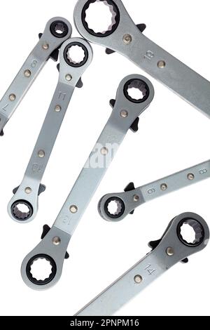 Set of Spanner ratchet wrench on white background. Hand tools. Stock Photo