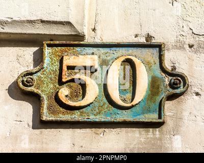 Old cast iron house number 50, Tours, Indre-et-Loire (37), France. Stock Photo