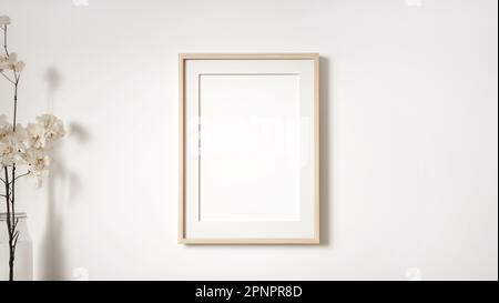 Light wooden picture frame rectangular vertical shape on white wall and decoration flower mockup Stock Photo