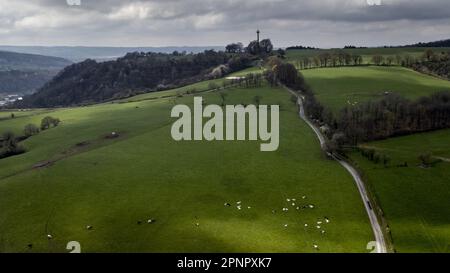 Remouchamps, Belgium. 20th Apr, 2023. Aerial drone picture shows the new descent of La Redoute during a training and track reconnaissance session, ahead of the Liege-Bastogne-Liege one day cycling race, on the 'Cote de la Redoute', in Remouchamps, Aywaille, Thursday 20 April 2023. BELGA PHOTO DIRK WAEM Credit: Belga News Agency/Alamy Live News Stock Photo