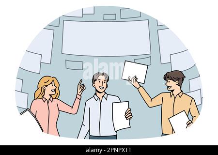 Document flow in business concept. Group of young business partners teammates standing with papers and flying documents above vector illustration Stock Vector