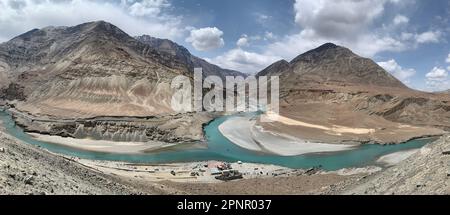 Aerial view of the confluence of the Indus and Zanskar rivers  (Sangam), Ladakh, India Stock Photo