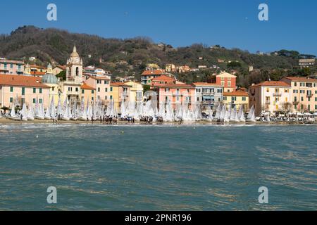 Sailing boats on beach before regatta, San Terenzo, Lerici, La Spezia, Liguria, Italy Stock Photo