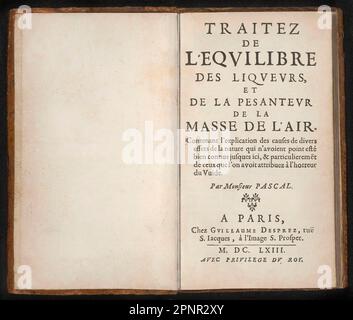 Title of Traitez de l'equilibre des liqueurs, et de la pesanteur de la masse de l'air, by Blaise Pascal, 1663 Stock Photo