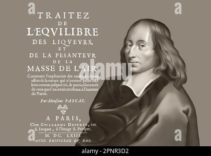 Portrait of Blaise Pascal with a page of Traitez de l'equilibre des liqueurs, et de la pesanteur de la masse de l'air, 1663 Stock Photo