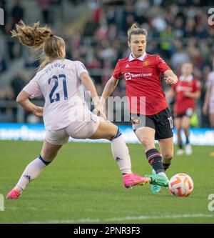 Leigh Sports Village, Leigh, Greater Manchester, England. 19th April 2023. United’s Hayley LADD passes the ball, during Manchester United Women Football Club V Arsenal Women Football Club at Leigh Sports Village, in the Barclays Women's Super League/Women’s Super League. (Credit Image: ©Cody Froggatt/Alamy Live News) Stock Photo