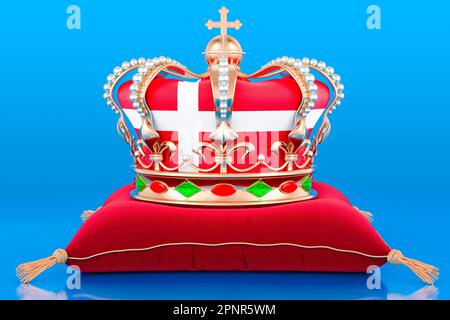 Royal golden crown on pillow with the Kingdom of Denmark flag, 3D rendering isolated on blue background Stock Photo