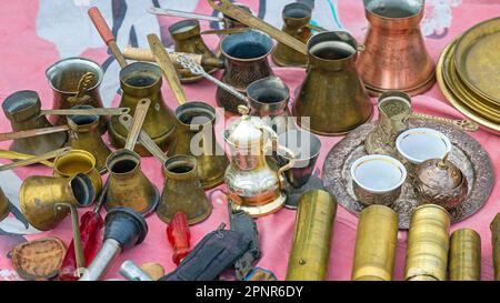 Turkish Style Copper and Brass Coffee Pots Variety Sets Stock Photo