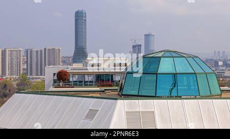 Glass Dome at Rooftop Building Skylight City View Stock Photo