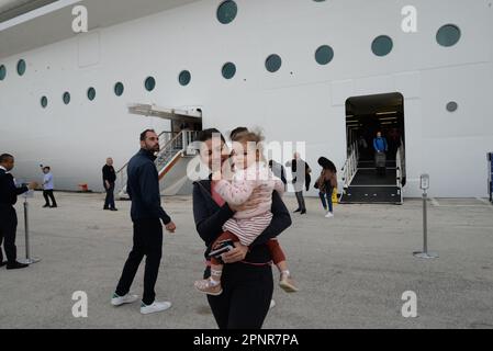 La Goulette, Tunis, Tunisia. 20th Apr, 2023. Tourists arrive at the port of La Goulette in Tunis on April 20, 2023 as Tunisia welcomes the first cruise from Europe with more than 5450 tourists on board. (Credit Image: © Chokri Mahjoub/ZUMA Press Wire) EDITORIAL USAGE ONLY! Not for Commercial USAGE! Stock Photo