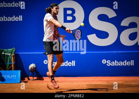 Barcelona, Spain. 20th Apr, 2023. Stefanos Tsitsipas (Greece) and Denis Shapovalov (Canada) face off during a ATP 500 Barcelona Open Banc Sabadell round of 16 match at Real Club de Tenis de Barcelona, in Barcelona, Spain on April 20, 2023. (Photo/Felipe Mondino) Credit: Independent Photo Agency/Alamy Live News Stock Photo