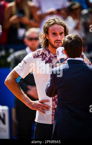 Barcelona, Spain. 20th Apr, 2023. Stefanos Tsitsipas (Greece) and Denis Shapovalov (Canada) face off during a ATP 500 Barcelona Open Banc Sabadell round of 16 match at Real Club de Tenis de Barcelona, in Barcelona, Spain on April 20, 2023. (Photo/Felipe Mondino) Credit: Independent Photo Agency/Alamy Live News Stock Photo