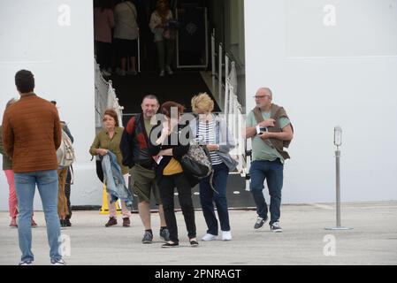 La Goulette, Tunis, Tunisia. 20th Apr, 2023. Tourists arrive at the port of La Goulette in Tunis on April 20, 2023 as Tunisia welcomes the first cruise from Europe with more than 5450 tourists on board. (Credit Image: © Chokri Mahjoub/ZUMA Press Wire) EDITORIAL USAGE ONLY! Not for Commercial USAGE! Stock Photo