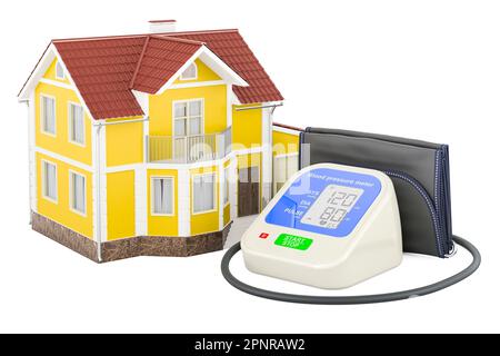 Automatic Digital Blood Pressure Monitor with house. 3D rendering isolated on white background Stock Photo