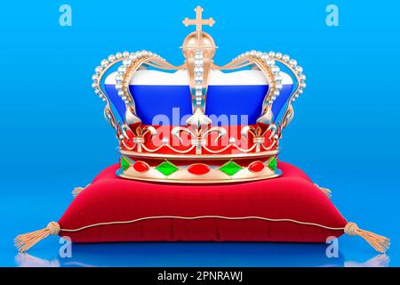 Royal golden crown on pillow with Russian flag, 3D rendering isolated on blue background Stock Photo