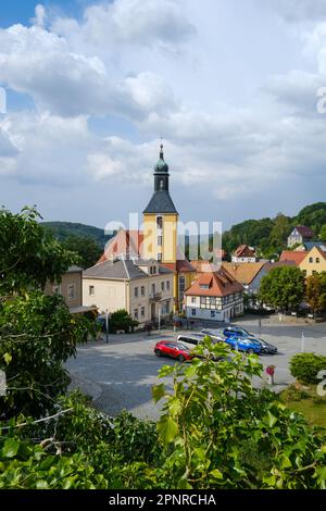View over the market square of the town of Hohnstein in Saxon Switzerland, Saxony, Germany, Europe. Stock Photo