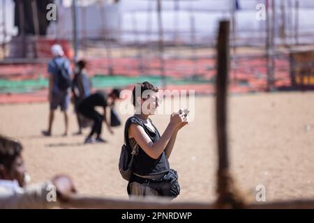 Pushkar fair, Portrait of foreigner tourist at fair ground while participating in various events organized for them to enjoy the heritage of india. Stock Photo