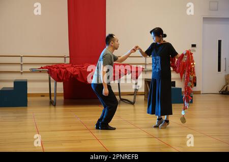 Mui Cheuk-yin and Chan Kin-man perform during Run-through of Freespace Dance 2023: Mui Cheuk-yin HHDouble Happiness: The Promise of Red at Xiqu Centre, West Kowloon.  06APR23 SCMP/ Edmond So Stock Photo