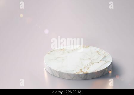 White round marble podium for cosmetic product presentation. Trendy sunlight. Stock Photo