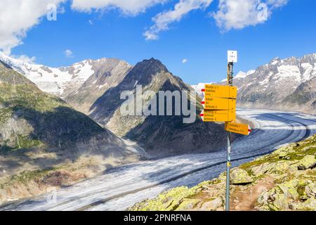 Bettmeralp, Switzerland - August 11. 2021: Direction marker for trekking trail in Swiss system: the white board on the top shows the current height, t Stock Photo