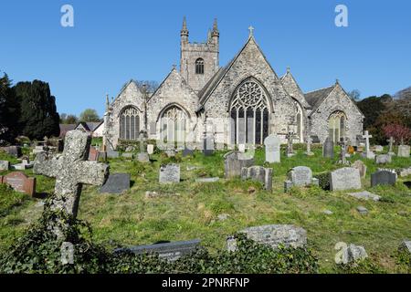The east elevation of the Parish Church of St Mary in Plympton. seen across the graveyard with a prominent stone cross with ivy attached. Stock Photo
