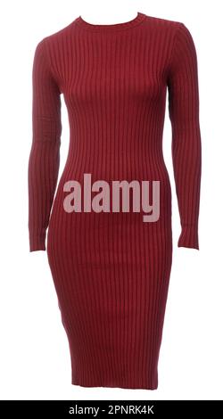 Red ribbed knitted crewneck long dress on female mannequin isolated on a white background Stock Photo