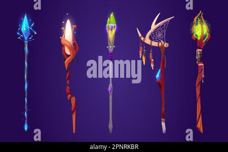 Cartoon set of magic power staffs isolated on background. Vector illustration of wooden and iron wand sticks decorated with gemstones, dream catcher, Stock Vector