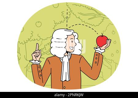 Science and physical experience concept. Sir Isaac Newton scientist standing and exploring gravity with red fallen apple in hands vector illustration Stock Vector
