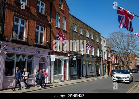 Eton, UK. 20th April, 2023. Union flags are pictured in Eton High Street two weeks before the Coronation of King Charles III. King Charles III's coronation will take place at Westminster Abbey on 6 May. Credit: Mark Kerrison/Alamy Live News Stock Photo