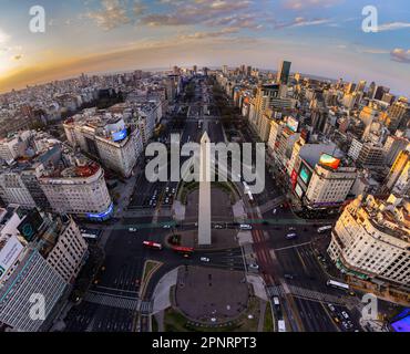 Drone shot city scape of the obelisk in Buenos Aires city. Stock Photo