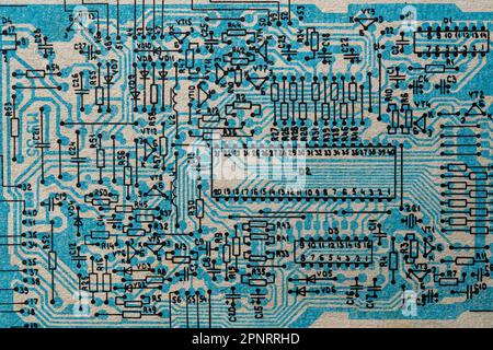 Old radio circuit printed on vintage paper electricity diagram as background for education, electricity industries and repair. Electric radio scheme f Stock Photo