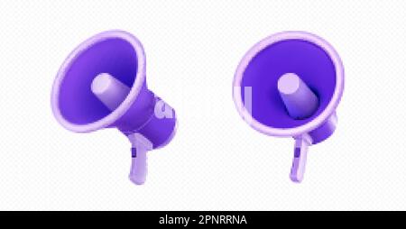 Realistic set of 3D loudspeakers isolated on transparent background. Vector illustration of purple megaphone. Equipment for making announcements, repo Stock Vector