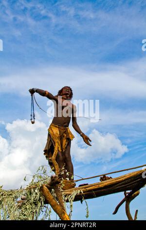 A traditional slingshot for expelling birds from agricultural fields Hamer Tribe, Ethiopia Stock Photo