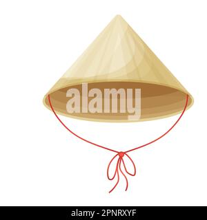 Conical traditional Asian hat from natural materials with ribbon in cartoon style isolated on white background. Vector illustration Stock Vector
