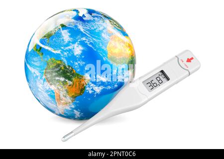 Digital Thermometer on planet earth with life vest to symbolize a