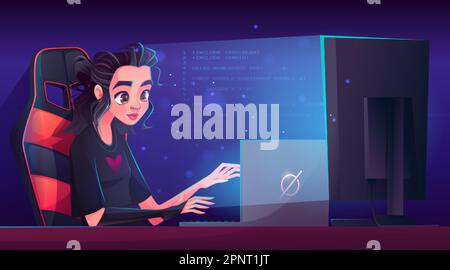 Female programmer working on computer at night. Vector cartoon illustration of IT woman typing software code, developing game or mobile app. Student g Stock Vector